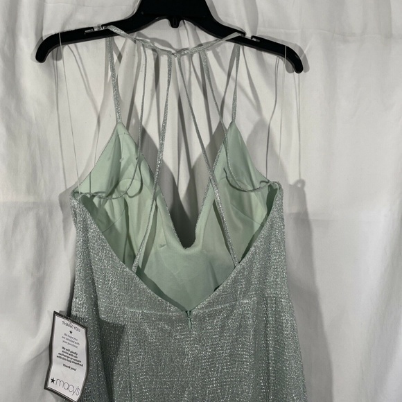 NWD Aidan by Aidan Mattox Metallic Textured Slit Gown in Celadon Silver - Picture 12 of 13
